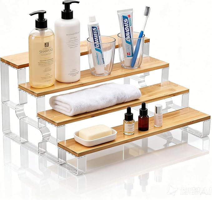 junyuan Bamboo Spice Rack Organizer for Cabinet,4 Tier Spice Organization for Kitchen,Bathroom Organizers and Storage,Seasoning Countertop Shelf,Display Shelves Racks,Clear 11.2"