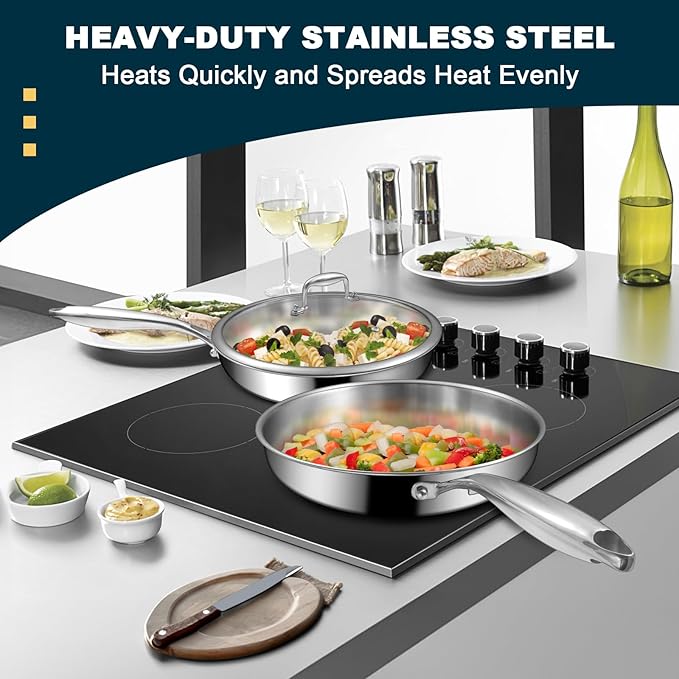Tri-Ply Stainless Steel Frying Pans Set with Lid, EWFEN 8??10??12??Cooking pans, PFOA&PTFE Free Skillet, Induction Cooking Pan, Dishwasher and Oven Safe, Fast & Even Heat, Suitable for All Stove