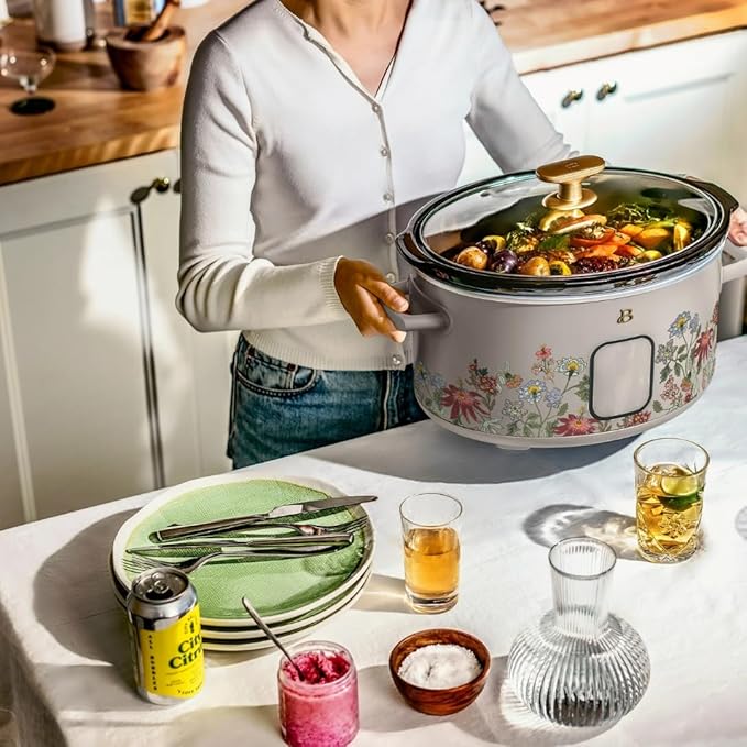 Beautiful 6 Quart Programmable Slow Cooker by Drew Barrymore ??Large Capacity, Ceramic Removable Pot, Tempered Glass Lid, Dishwasher Safe, Auto Keep Warm (Wildflower Porcini Taupe)