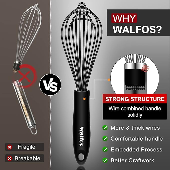 Walfos Silicone Whisk,Stainless Steel Wire Whisk Set of 3 -Heat Resistant 480째F Kitchen Whisks for Non-stick Cookware,Balloon Egg Beater Perfect for Blending,Whisking,Beating,Frothing & Stirring,Black