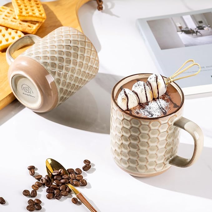 GBhome Large Coffee Mugs Set of 4, 16oz Handmade Stoneware Coffee Mugs Set with Large Handle for Cappuccino/Latte/Tea/Hot Cocoa, Dishwasher & Microwave Safe-Pale khaki
