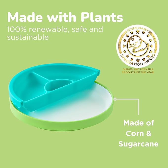 Omie짰 Easy Scoop Plates for Kids | Unique Design Helps Food Fall into the Spoon, Not on the Table | Made from Plants | 3 Plates + 2 Silicone Dividers | Green