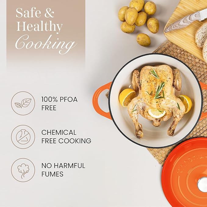 Nuovva Enamelled Cast Iron Dutch Oven Pot with Lid ??6.4 Quart Non Stick Casserole Pot ??Heavy Duty & Oven Safe up to 500째 F for Bread Baking, Braising, Stews, Roasting ??28cm Orange