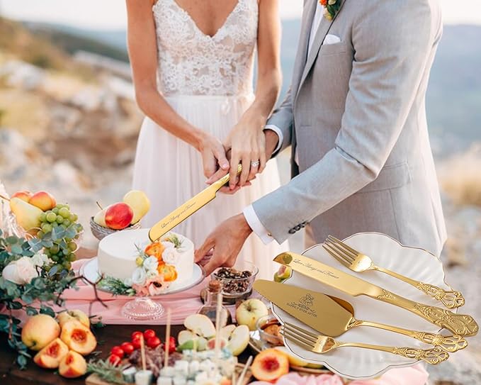 Cake Cutting Set for Wedding, Gold Wedding Cake Knife and Server Set, 4 Pieces pizza spatula and Knife with Forks for Engagements, Anniversaries