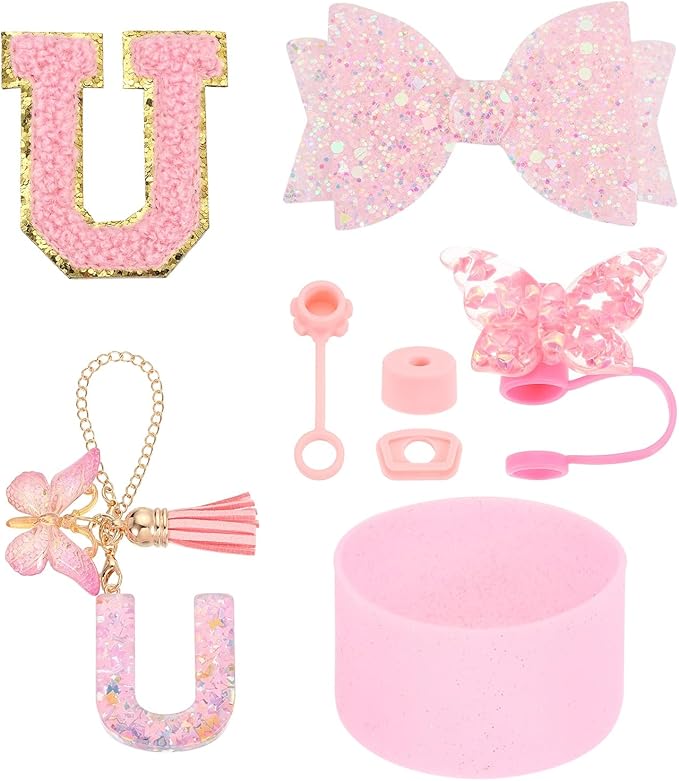 uxcell 8Pcs Cup Accessories Set for Cup Tumbler with Handle, Including Silicone Straw Cover, Boot, Spill Proof Stopper, Handle Charm, Initials Sticker(Letter U, Pink)