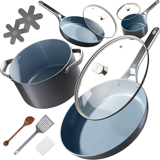 Premium Non-Toxic Ceramic Cookware Set ??Triple-Layer Nonstick 12 Piece Pots and Pans with Lids, PFAS-Free, Oven Safe for Healthy Meals, Space-Saving Design, Midnight Gray Color | Greater Goods
