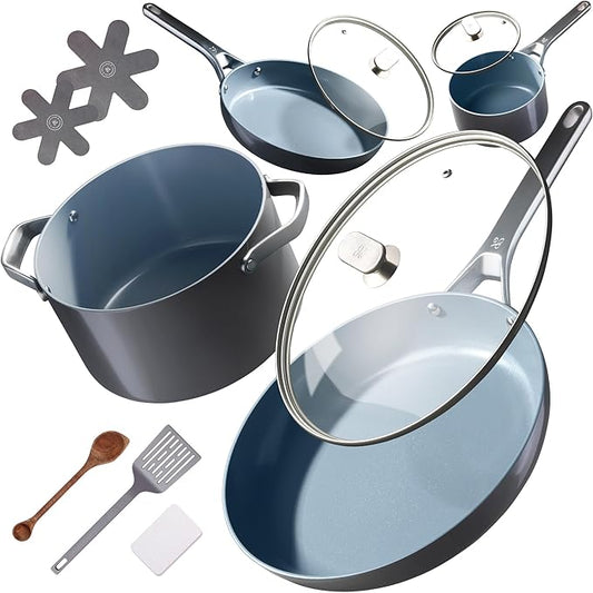 Premium Non-Toxic Ceramic Cookware Set ??Triple-Layer Nonstick 12 Piece Pots and Pans with Lids, PFAS-Free, Oven Safe for Healthy Meals, Space-Saving Design, Midnight Gray Color | Greater Goods