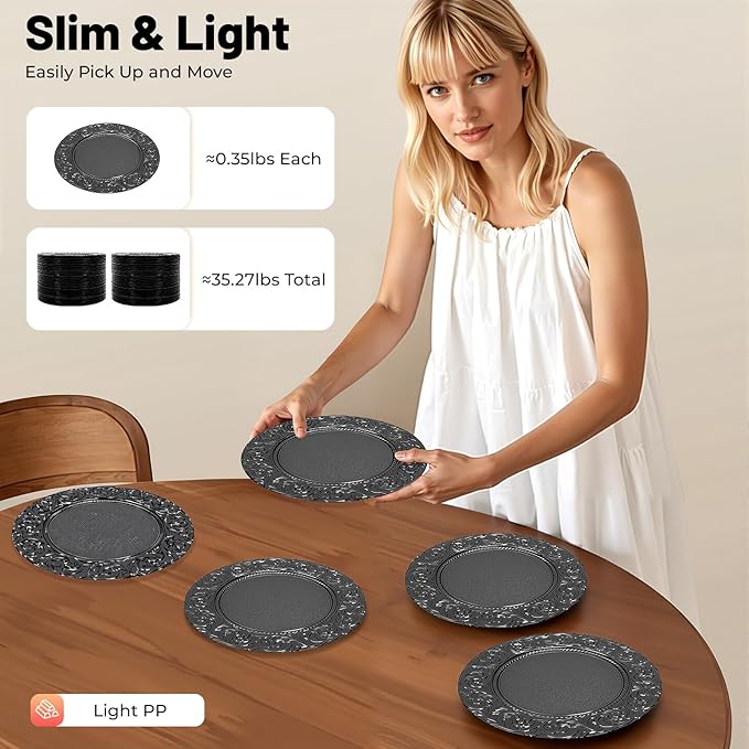 100pcs Black Charger Plates, 13" Round Reusable Decorative Flower Relief Carving Bulk Chargers for Dinner Plates, Wedding, Bridal Shower