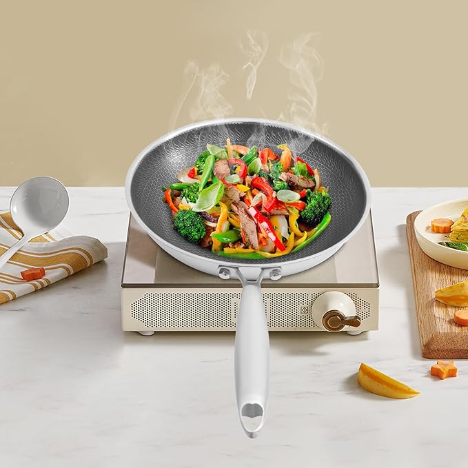 12 Inch Wok Pan with lid, Food-Grade Stainless Steel Woks & Stir-fry Pans Nonstick, Dishwasher and Oven Safe, Cooking Pan Compatible with Gas & Induction Cooker