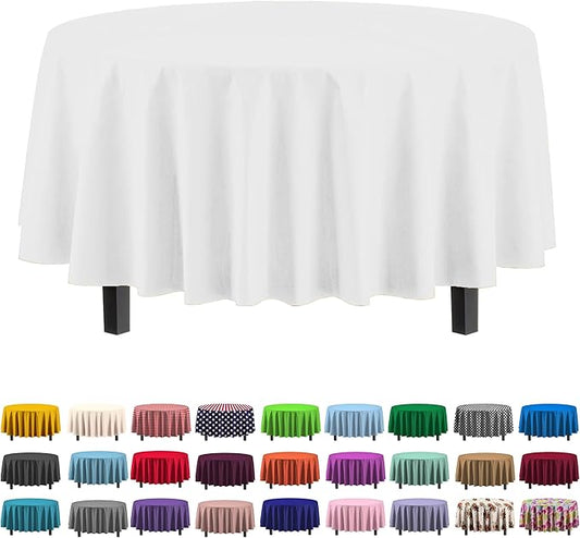 Party Solids 6-Pack Premium Plastic Tablecloth 84in. Round Plastic Table Cover - White