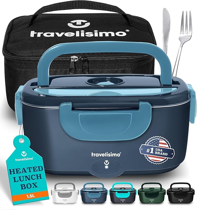TRAVELISIMO Electric Lunch Box for Adults 100W Heated Lunch Box For Men 1.5L Stainless Steel Portable Food Warmer, 12/24/110V Electric Food Warmers for Travel & Work Loncheras Para Hombres de Trabajo