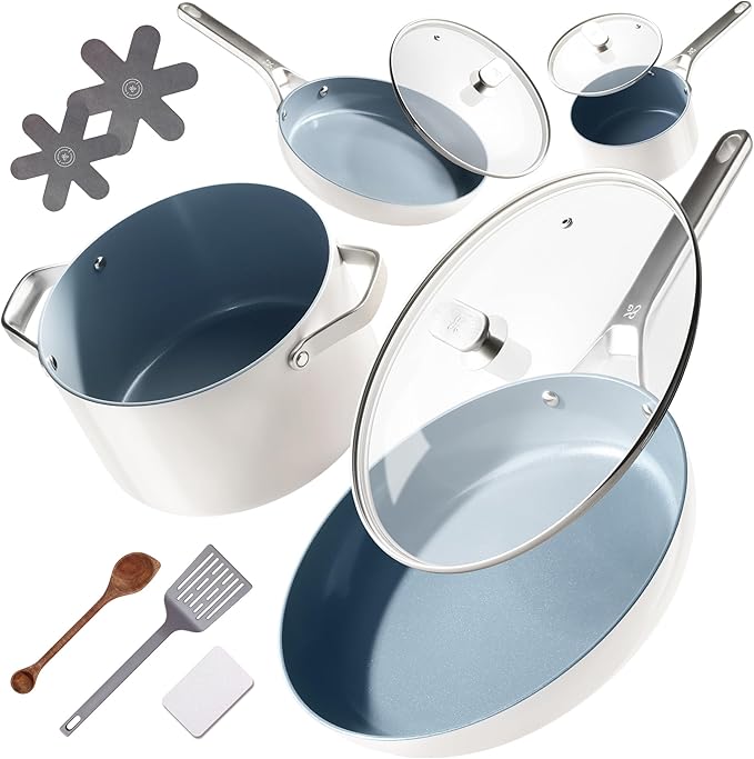 Premium Non-Toxic Ceramic Cookware Set ??Triple-Layer Nonstick 12 Piece Pots and Pans with Lids, PFAS-Free, Oven Safe for Healthy Meals, Space-Saving Design, Birch White Color | Greater Goods