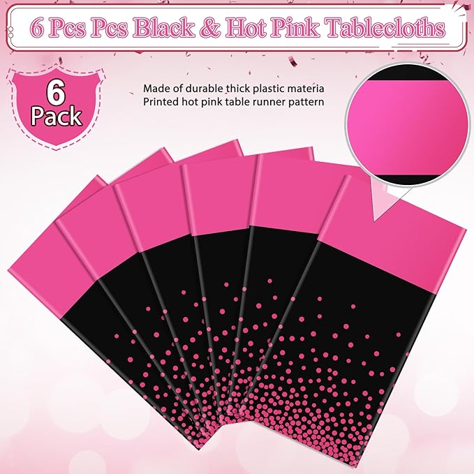 6Pcs Black Hot Pink Tablecloth Party Decorations,Plastic Black Table Cloth Printed Hot Pink Table Runner Disposable Rectangle Cover for Birthday Wedding Anniversary Graduation Party,54x108 Inch