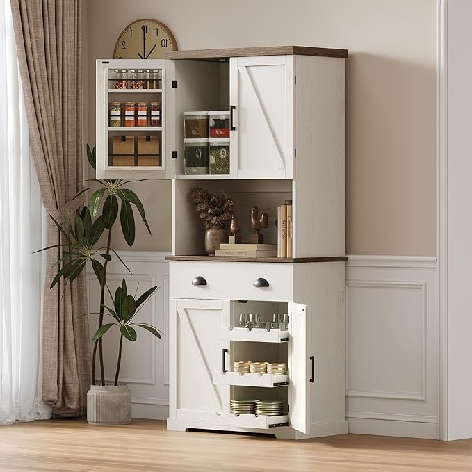 ChooChoo 72" Pantry Cabinet with Storage Drawers, Farmhouse Kitchen Hutch Bar Cabinet with Microwave Stand, Kitchen Cupboard with Door Shelves for Dining Room, Living Room, Antique White & Brown