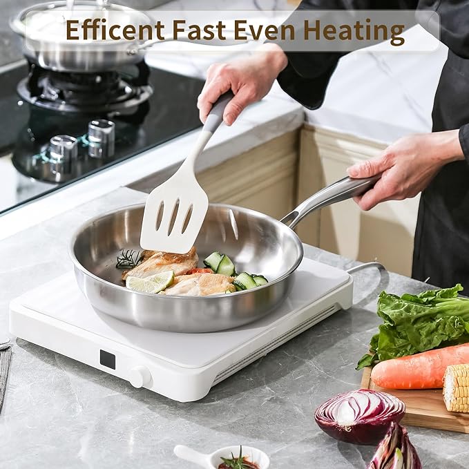 DELARLO Tri-Ply Stainless Steel Frying Pan, All Cooktops Compatible Up to 600?? Oven Safe Induction Skillet, 12.5 inch Non toxic Cooking Surface, Fast & Even Heat, Durable Cookware