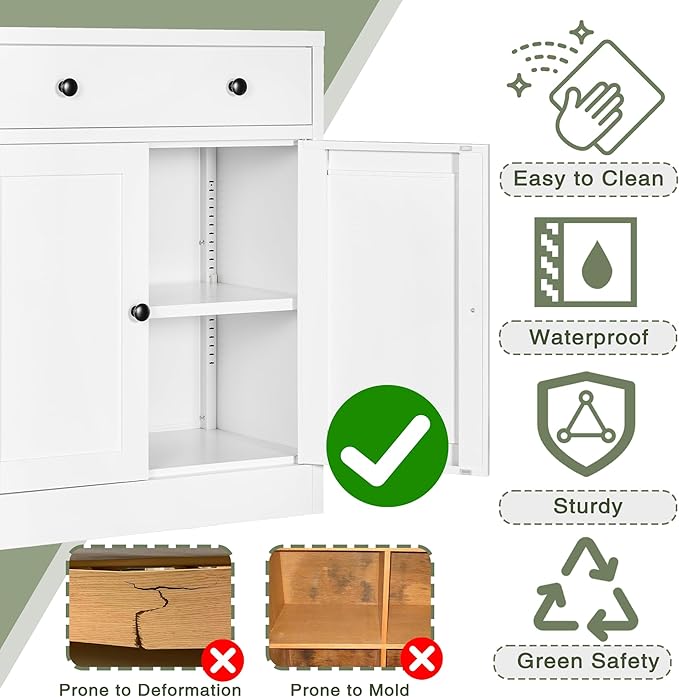 CJF Metal Buffet Cabinet, Coffee Bar Cabinet with Drawer & Adjustable Shelf, Sideboard Cabinets for Kitchen, Coffee Bar, Bathroom, Entryway, Home Office, Pantry-White