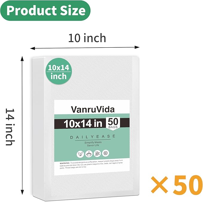 VanruVida Vacuum Sealer Bags, 50 Count 10??x 14??BPA Free,Commercial Grade Textured PreCut Bag with Double Tear Notches, Perfect for Food Storage, Freezer, Meal Prep, or Sous Vide
