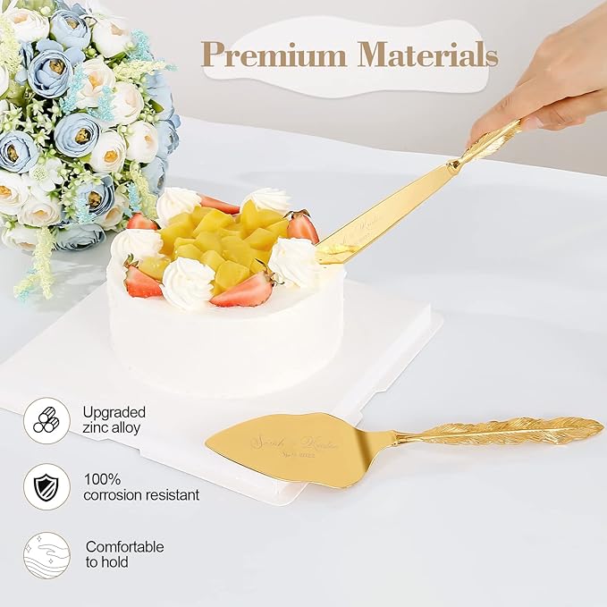 Wedding Cake Knife and Server Set, Personalized Gold Cake Cutting Set for Wedding, Engraved Classic Cake Cutter Set, Pie PastryServer, Birthday Bridal Quincea챰era Gift (CUS-Feather)
