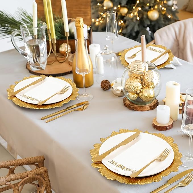 Nitial 100 Set Reef Charger Plate Set Bulk 13 Plastic Charger Plates Ruffled Rim with Paper Napkins Guest Towels for Table Setting Wedding Party (Gold)