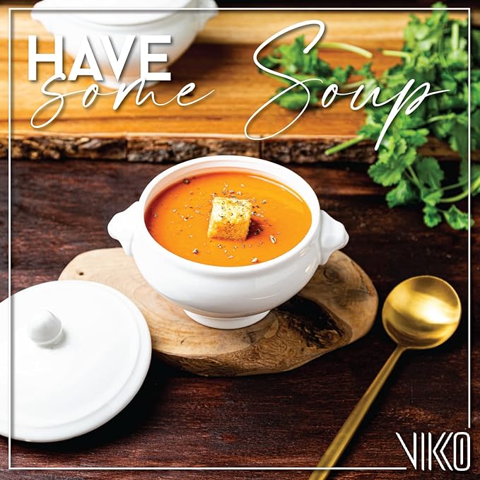 Vikko Soup Crocks With Lion Lids, 14 Ounce Modern White Soup Bowl with Cover, Set of 4 Soup Dishes, Dishwasher Safe