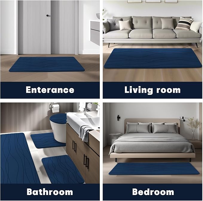 YIHOUSE Memory Foam Blue Bathroom Rug Sets 2 Piece, Ultra Absorbent Bath Mat for Bathroom - Non-Slip Machine Washable & Dry Quickly, 2 Piece Bathroom Mat Set, Navy Blue