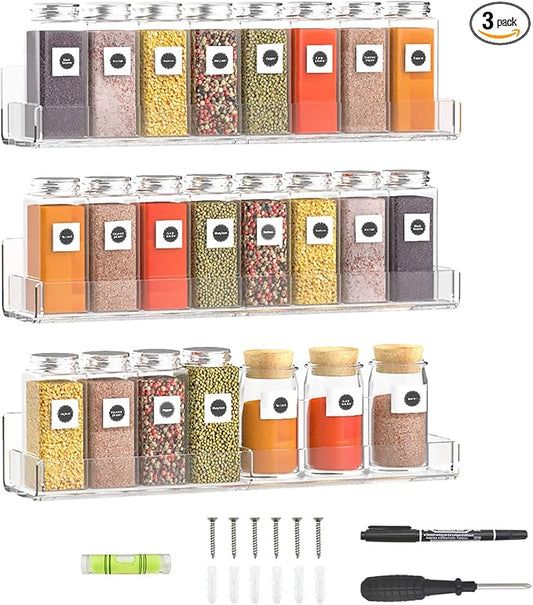 15 Inch Acrylic Spice Rack Wall Organizer Set of 3, Clear Wall Shelf for Home Organizer, Bottle Display, Jars, Spice, Wine, Books, Toiletries, 3 Pack