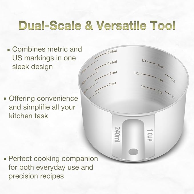 BERYLER 2PCS 1Cup (240ml, 8oz) Single Measuring Cup, Etched Inner Scale Stainless Steel Measure Scoop, Metric and US Measurement, Dishwasher Safe