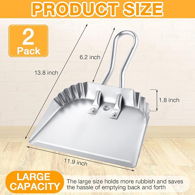 Mumufy 4 Pack 12 inch Heavy Duty Metal Dustpan Large Wide Dust Pans for Household Handheld Wide Scooper and Debris Cleaning Tool Ideal for Home and Commercial Use (Silver)