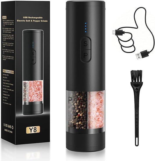 Electric Salt and Pepper Grinder Shakers 2 IN 1-Rechargeable Automatic Pepper Mill,with LED Lighting,Adjustable Grinder,Large Capacity-Ideal for Kitchen (Black)