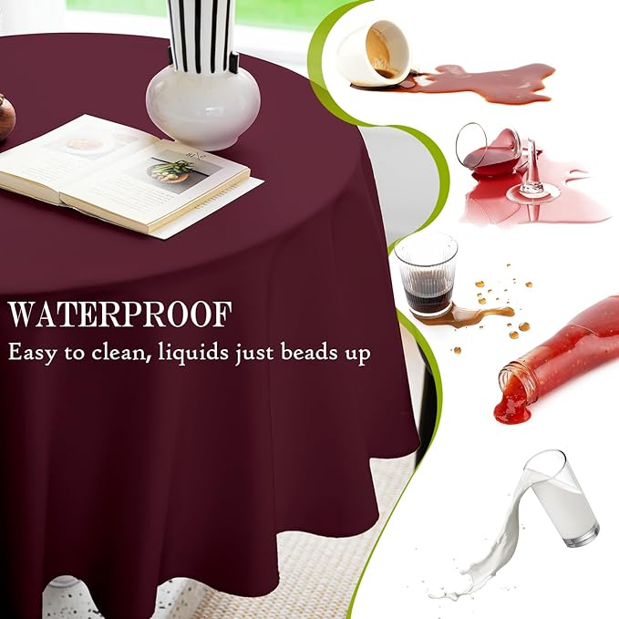 BYDOLL Table Cloth 70 Inch Round Tablecloth Fits Max60 Inch Diameter Table Top,Burgundy Polyester Washable Wrinkle-Free Spillproof Tablecloth for Party Patio Cover
