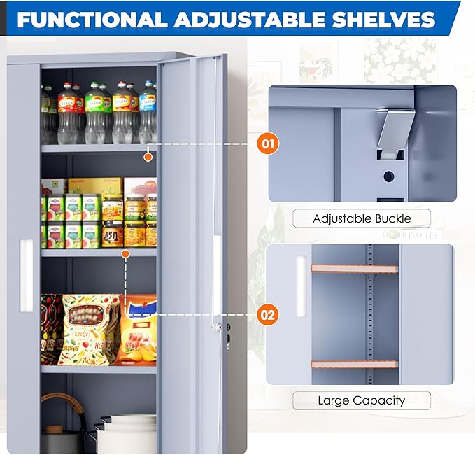 INTERGRAET 63" Tall Pantry Cabinet,Kitchen Pantry Storage Cabinets with 2 Doors and 4 Shelves,Cement Gray Metal Storage Cabinet,Cupboard for Home,Kitchen,Living Room/Dining