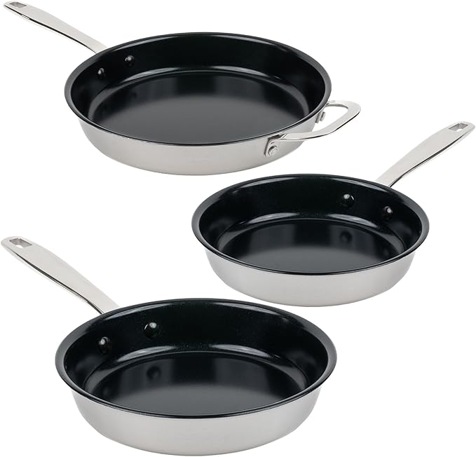 Alva Maestro 3-Piece Stainless Steel Nonstick Frying Pan Set ??Made Without PFAS, PFOA & PTFE Ceramic Coating ??Reinforced 5-Ply Aluminum Core, Oven & Induction Safe for Even Heat, Easy Clean Coating