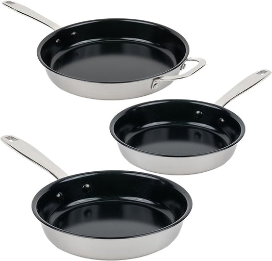 Alva Maestro 3-Piece Stainless Steel Nonstick Frying Pan Set ??Made Without PFAS, PFOA & PTFE Ceramic Coating ??Reinforced 5-Ply Aluminum Core, Oven & Induction Safe for Even Heat, Easy Clean Coating