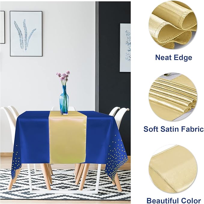 8Pack Disposable Plastic Tablecloths and Satin Table Runner Set Blue and Gold Dot Tablecloth Gold Satin Table Runner for Wedding Birthday Baby Shower Anniversary Christmas New Year Party Decorations