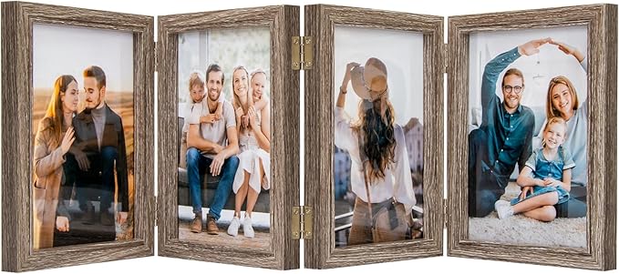 5x7 Four Picture Frame 4 Hinged Photo Frame with 4 Openings, Natural Wood Foldable Photo Frame with High Definition Acrylic for Birthday Father's Day Christmas Gift, Rustic Desk Family Picture Collage, Gray