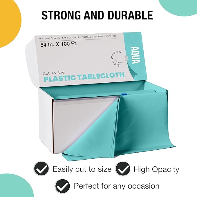 Party Solids 54 Inch X 100 Feet Aqua Plastic Table Cover Roll in A Cut - to - Size Box with Convenient Slide Cutter. Cuts Up to 12 Rectangle 8 Feet Plastic Disposable Tablecloths