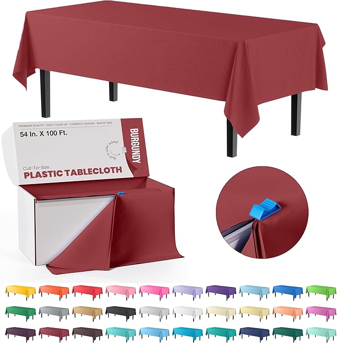 Exquisite Burgundy Plastic 54x100in Table Cover Roll with Built-in Cutter - 100 Feet, Rectangular, Disposable, All-Season, 1 Count
