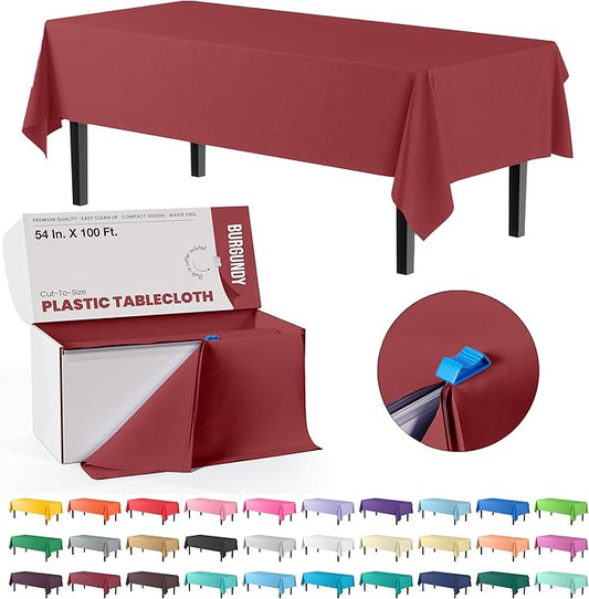 Exquisite Burgundy Plastic 54x100in Table Cover Roll with Built-in Cutter - 100 Feet, Rectangular, Disposable, All-Season, 1 Count