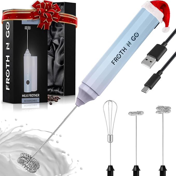 Zulay Froth N Go Milk Frother ??Rechargeable 3-in-1 Handheld Frother Wand with Travel Case & USB-C Charger ??Single, Double & Egg Whisk for Latte, Cappuccino, Matcha, Protein Shakes ??Cloud