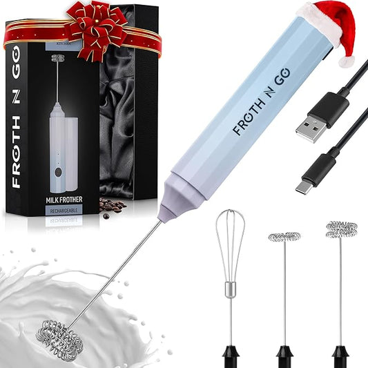 Zulay Froth N Go Milk Frother ??Rechargeable 3-in-1 Handheld Frother Wand with Travel Case & USB-C Charger ??Single, Double & Egg Whisk for Latte, Cappuccino, Matcha, Protein Shakes ??Cloud