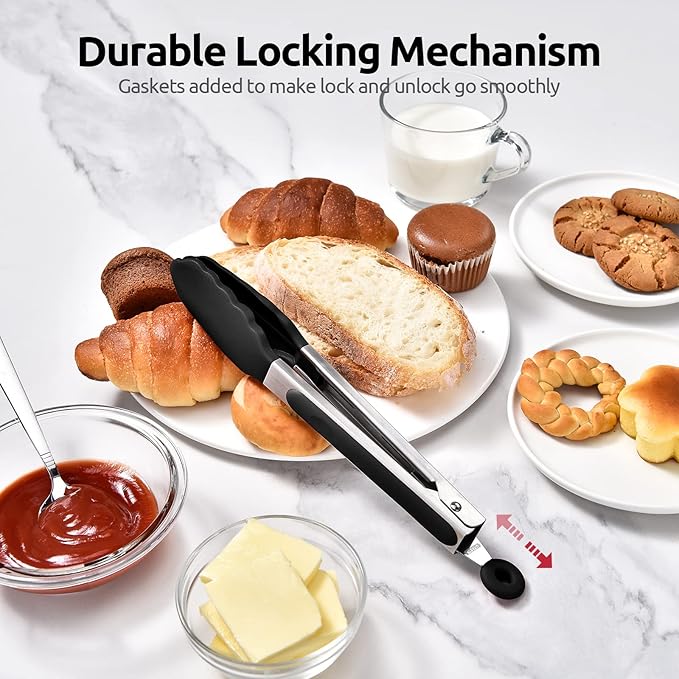 600쨘F Heat Resistant Kitchen Tongs: U-Taste 9 inch Silicone Cooking Tong with Firm Sealed Non Stick Rubber Tips & Silicon Coated 18/8 Stainless Steel Handle & Smooth Locking for Serving Salad (Black)