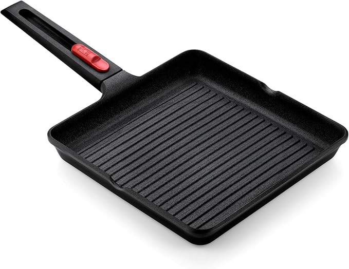 BRA COOKWARE Infinity Nonstick Ribbed Grill Pan (11x11 Inch) | Cast Aluminum Searing Skillet | PFOA/PFAS Free Square Griddle | All Cooktops (incl Induction) Grilling Skillet | Removable Handle
