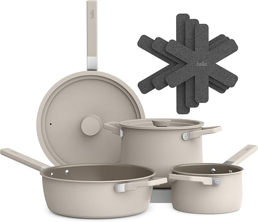 bella 9 Piece Ceramic Nonstick Cookware Set, Fits-anywhere??Kitchenware w EverGood??Coating, Dishwasher & Oven Safe, All Stovetops Compatible, Stackable Design, Cool Touch Handles, Oatmilk