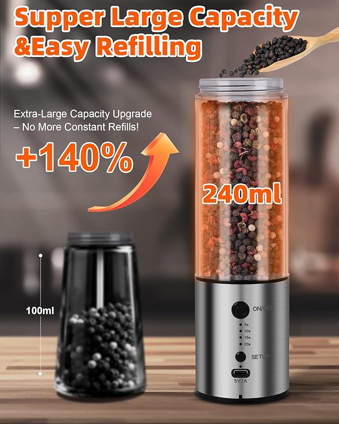 Electric Salt and Pepper Grinder Set, 2-Pack 480ML Capacity, USB-C Rechargeable 4-Timing Settings, Automatic Salt and Pepper Shakers, One-Handed Operation, Birthday Gifts for Women Mom