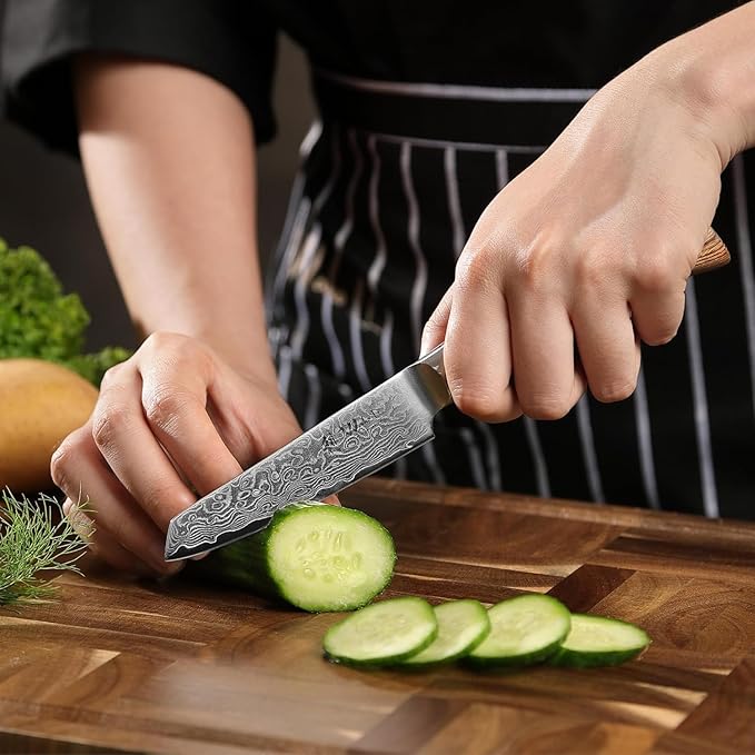 Wakoli EDIB Pro Damascus Mukimono Knife ??Japanese Style Paring and Garnishing Knife | 4-Inch Genuine Damascus Steel Blade with VG10 Core | Ergonomic Pakkawood Handle