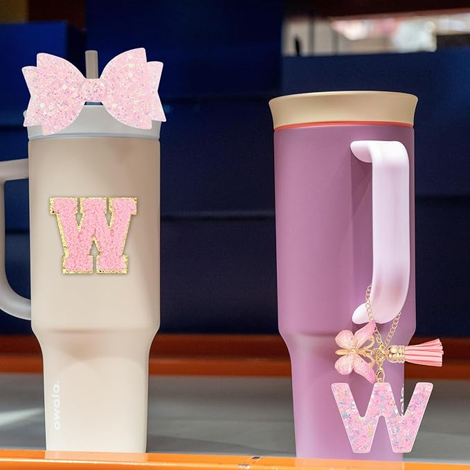 uxcell 8Pcs Cup Accessories Set for Cup Tumbler with Handle, Including Silicone Straw Cover, Boot, Spill Proof Stopper, Handle Charm, Initials Sticker(Letter W, Pink)