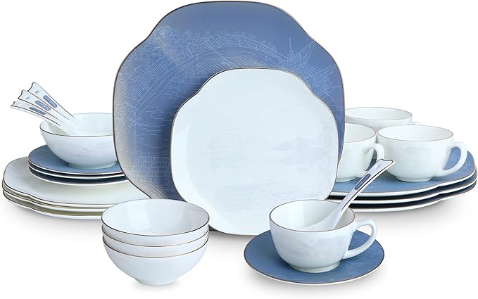 Blue 24 Piece Porcelain Dinnerware Set,Bone china for 4, Plates and Bowls Sets With Beautiful Pattern, Highly Chip and Crack Resistant | Dishwasher Safe Dishes Set (Deep Blue + Pattern)