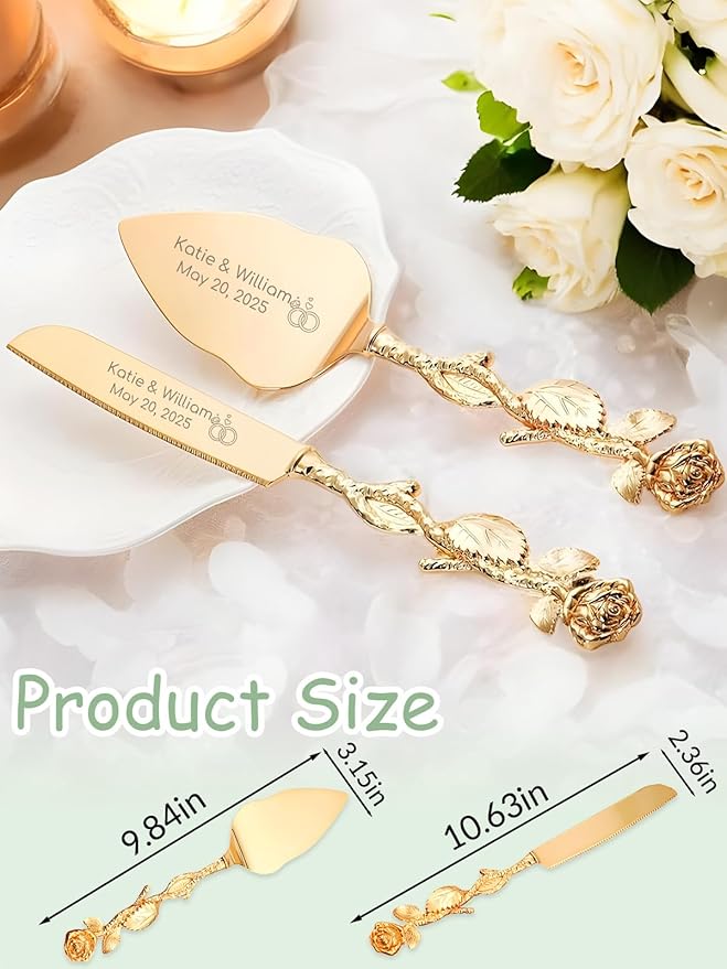 HJX Personalized Cake Knife and Server Set for Wedding - Engraved Stainless Steel Cake Cutting Set, Custom Elegant Cake Cutter Gift for Anniversary Birthday (04-Rose)