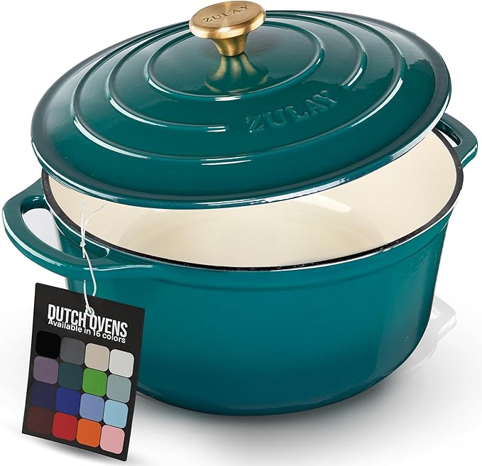 Zulay Kitchen 5 Quart Enameled Cast Iron Dutch Oven Pot with Lid ??Premium Durability & Oven Safe up to 500째F ??Heavy Duty Cookware Perfect for Bread Baking, Stews, Braising & Roasting ??Emerald