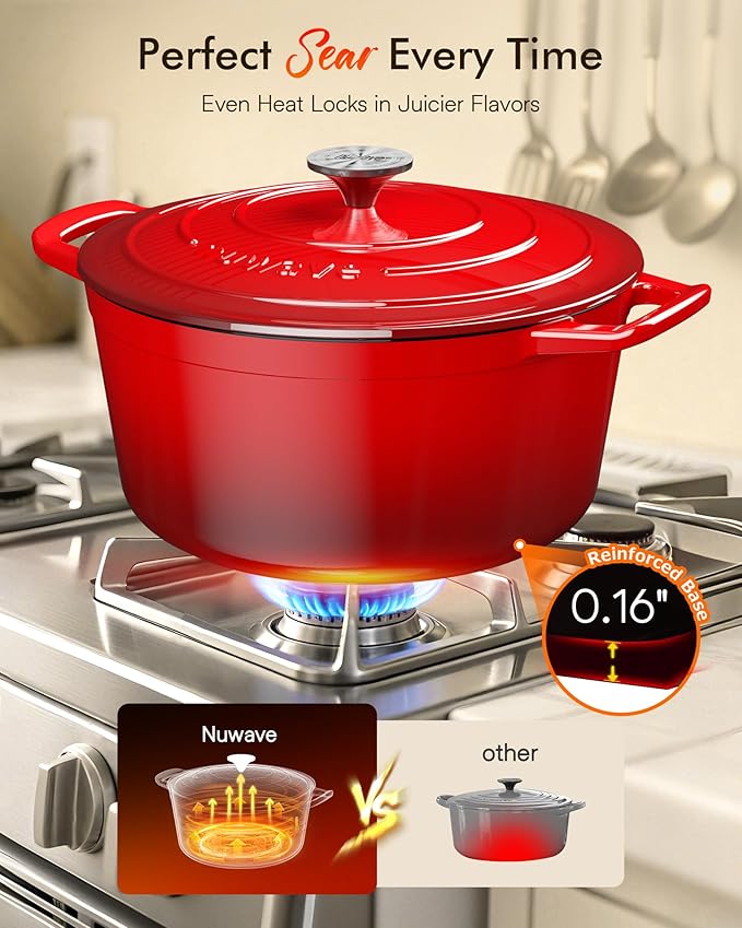 Nuwave 6QT Healthy Enameled Cast Iron Dutch Oven Pot with Lid, Heavy Duty 7-Layer Enamel, Enhanced Rust Protection, Dual Handles, Oven Safe to 500째F for Sourdough Bread Baking, Braise, Stew, Roast